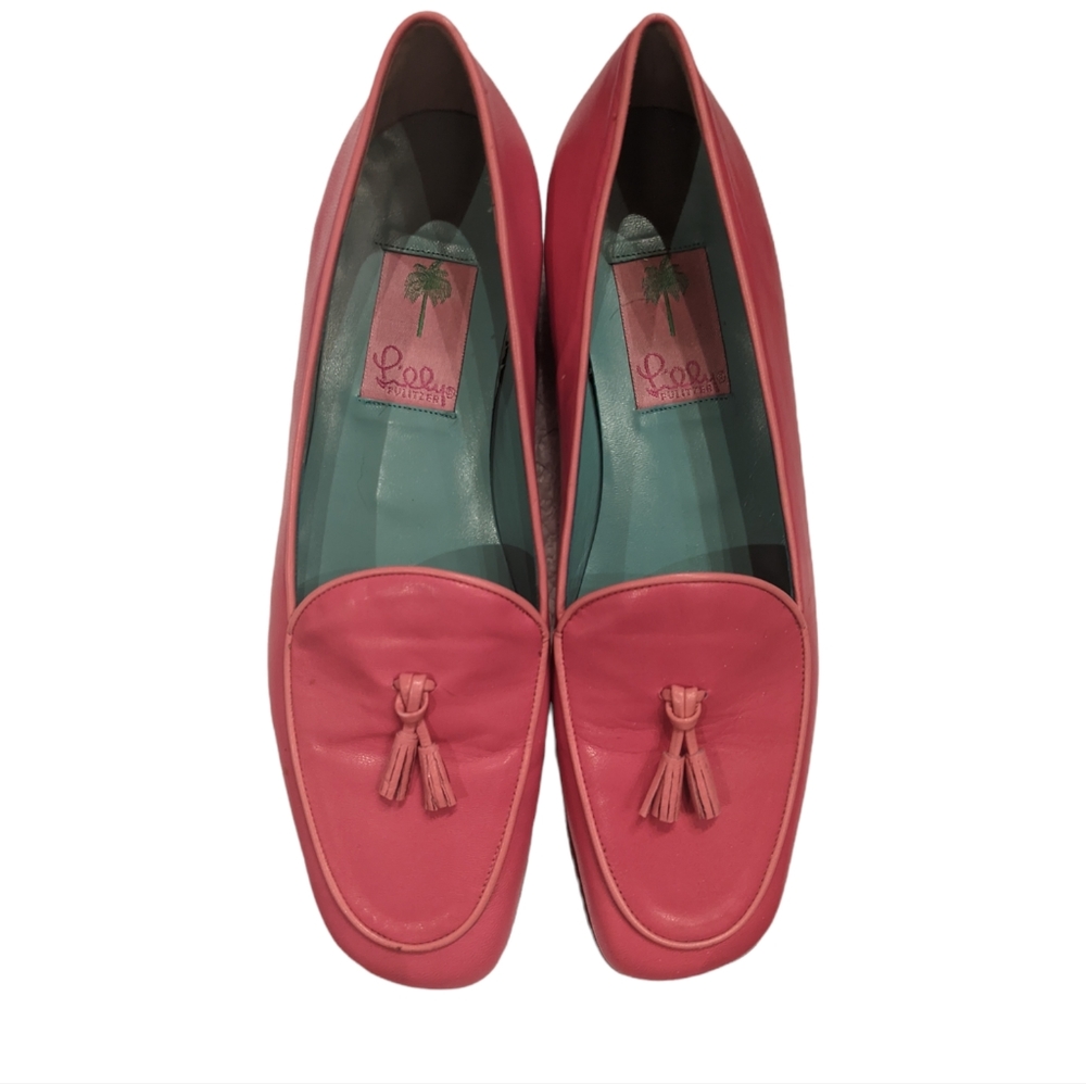 Lily Pulitzer pink leather loafers with tassels and short heel size 7 M
